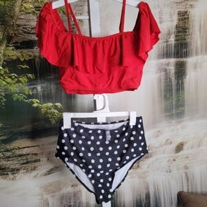 NWT! Kaei & Shi Womens Large red black white polka dot ruffle bikini swimsuit